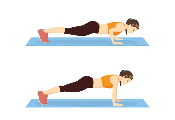 Woman workout by push up on exercise mat. Illustration about step of workout.